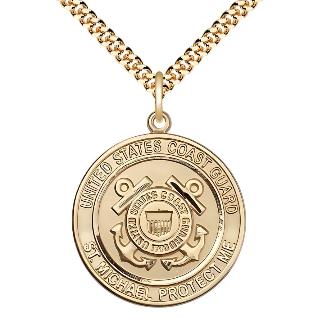 Coast Guard Military St. Michael the Archangel 14kt Gold-filled Round Medal with Gold-Plated Chain, Bliss USA, Measures 1-inch tall by 7/8-inch wide