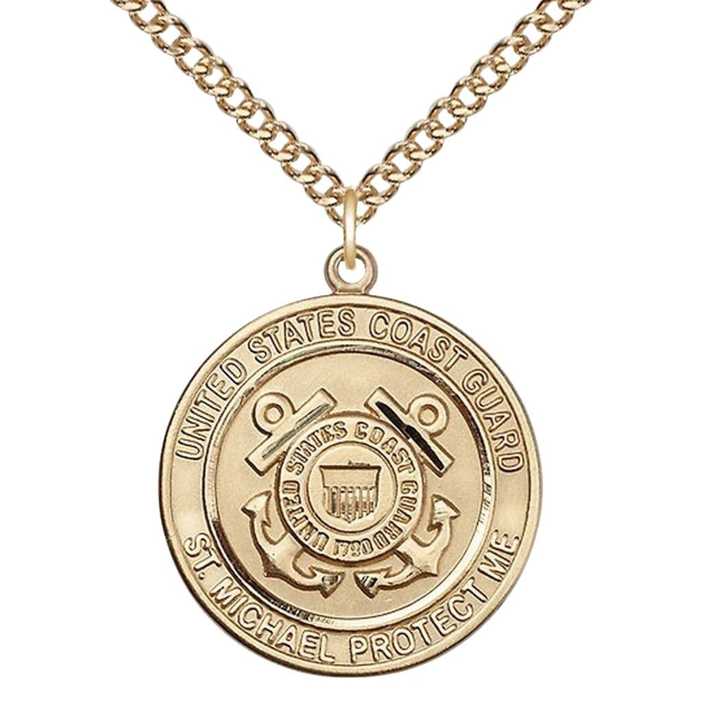 Coast Guard Military St. Michael the Archangel 14kt Gold-filled Round Medal with Gold-Filled Chain, Bliss USA, Measures 1-inch tall by 7/8-inch wide