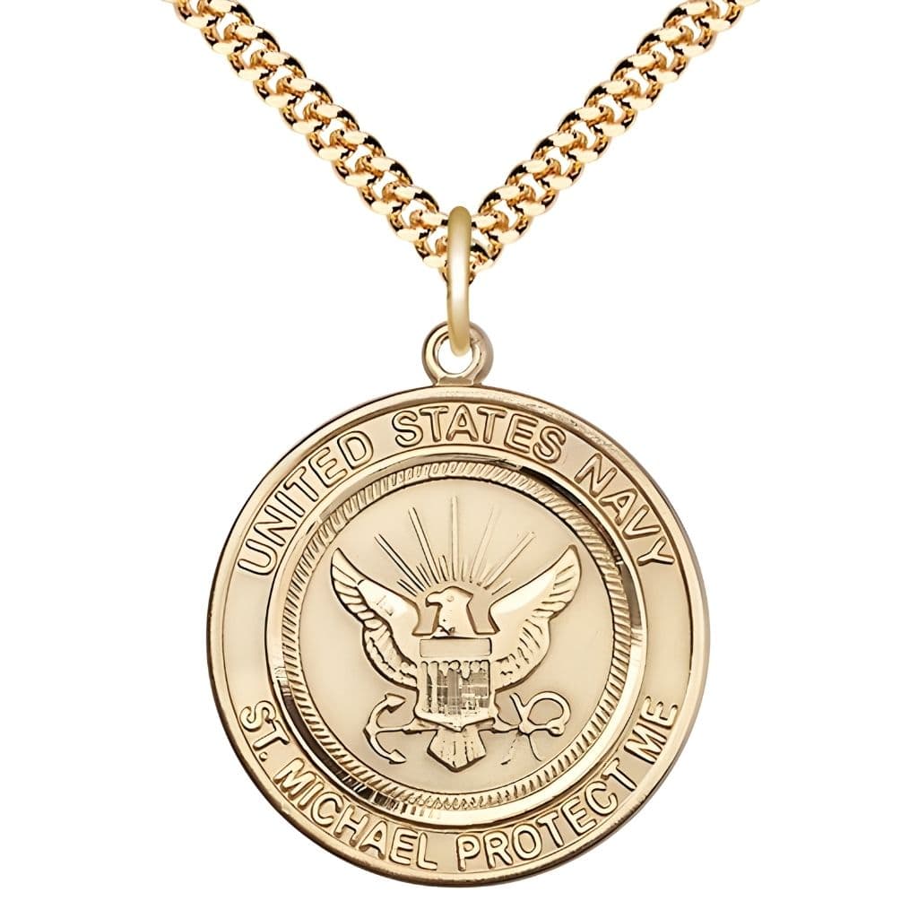 Bliss Navy St. Michael the Archangel Gold-filled Round Medal with Gold-plated Chain, Measures 1-inch tall by 7/8-inch wide