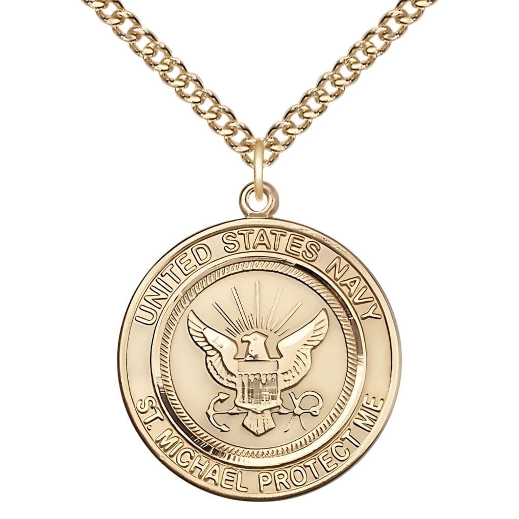 Bliss Navy St. Michael the Archangel Gold-filled Round Medal with Gold-filled Chain, Measures 1-inch tall by 7/8-inch wide