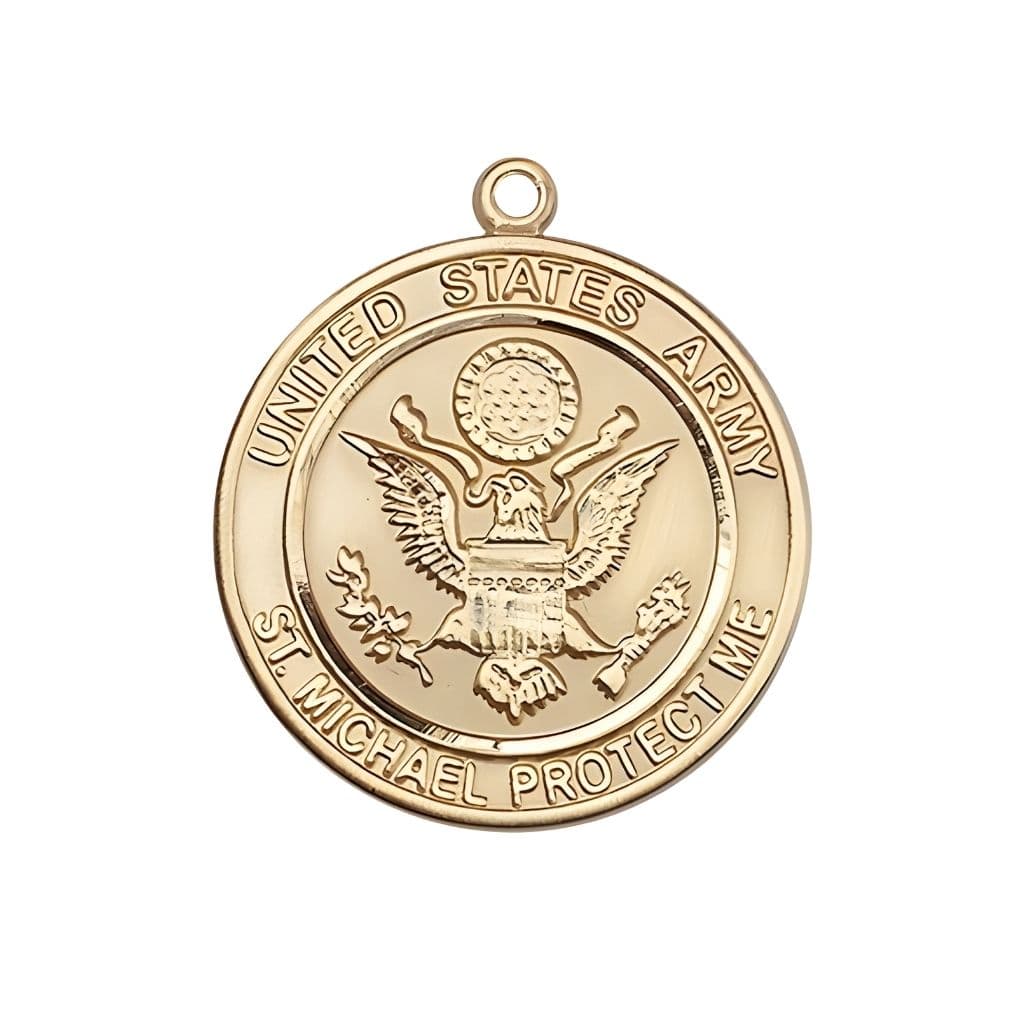 Army Military St. Michael the Archangel 14kt Gold Round Medal, Bliss USA, Measures 1-inch tall by 7/8-inch wide