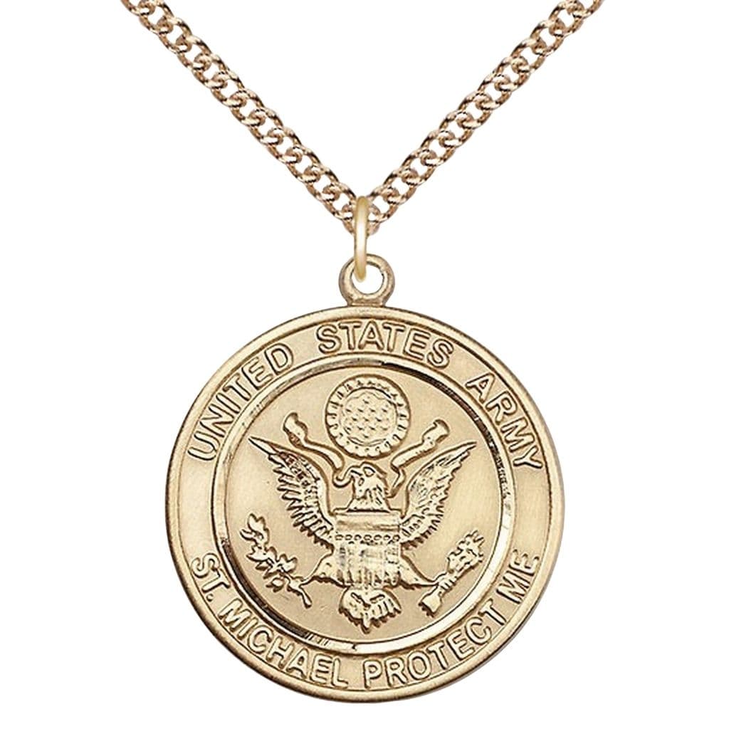 Army Military St. Michael the Archangel 14kt Gold Round Medal with 14kt Gold Chain, Bliss USA, Measures 1-inch tall by 7/8-inch wide