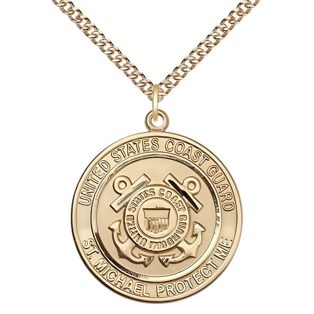 Coast Guard Military St. Michael the Archangel 14kt Gold Round Medal with 14kt Gold Chain, Bliss USA, Measures 1-inch tall by 7/8-inch wide