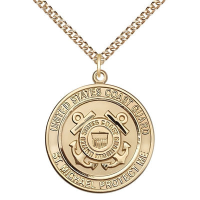 Coast Guard Military St. Michael the Archangel 14kt Gold Round Medal with 14kt Gold Chain, Measures 1-inch tall by 7/8-inch wide, Bliss Manufacturing