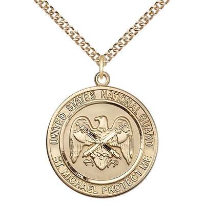 National Guard St. Michael the Archangel 14kt Gold Round Medal with 14kt Gold Chain, Measures 1-inch tall by 7/8-inch wide, Bliss Manufacturing
