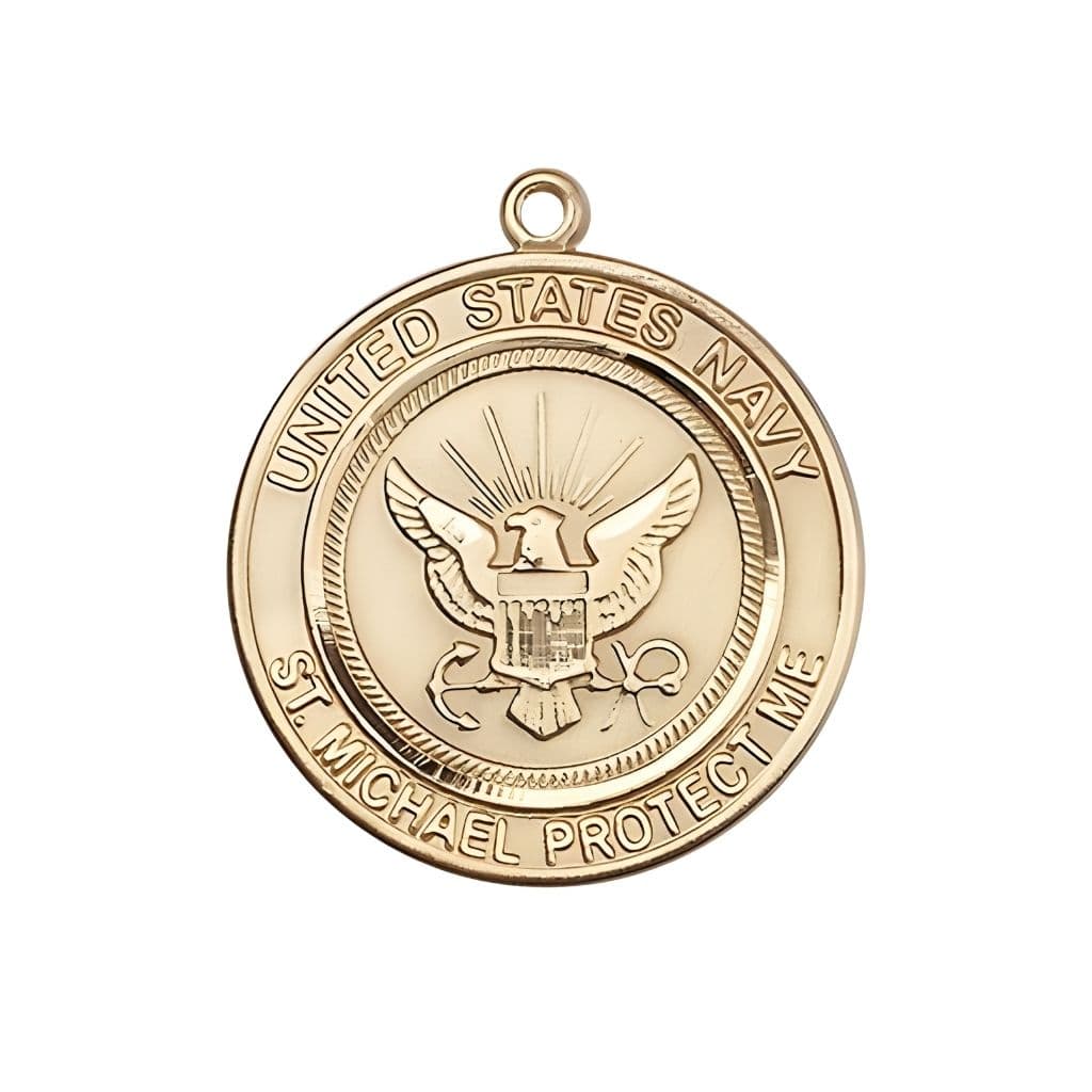 Navy Military St. Michael the Archangel 14kt Gold Round Medal, Bliss USA, Measures 1-inch tall by 7/8-inch wide