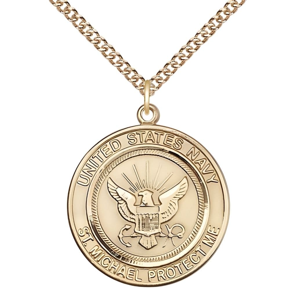 Navy Military St. Michael the Archangel 14kt Gold Round Medal with 14kt Gold Chain, Bliss USA, Measures 1-inch tall by 7/8-inch wide