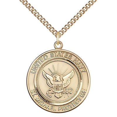 Navy Military St. Michael the Archangel 14kt Gold Round Medal with 14kt Gold Chain, Measures 1-inch tall by 7/8-inch wide, Bliss Manufacturing