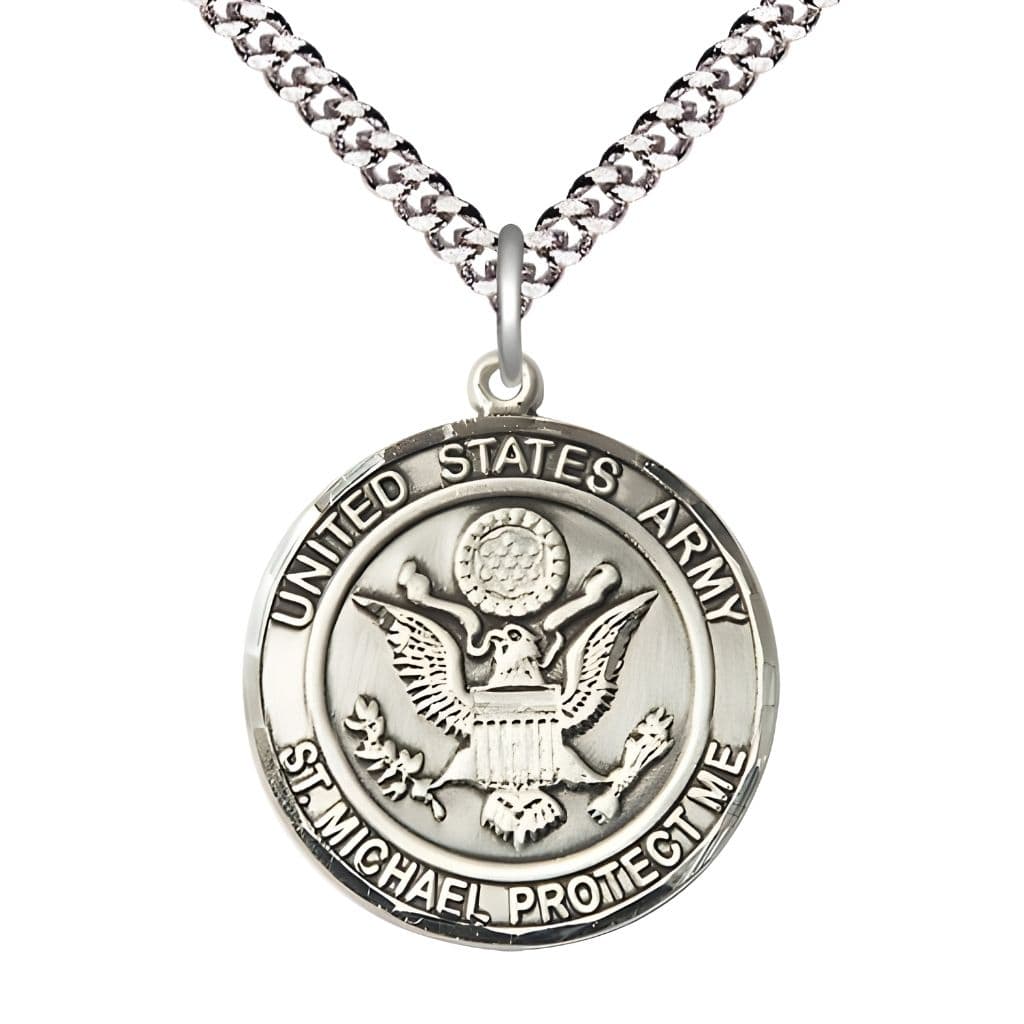 Army Military St. Michael the Archangel Pewter Round Medal with Sterling Silver Chain, Bliss USA, Measures 1-inch tall by 7/8-inch wide