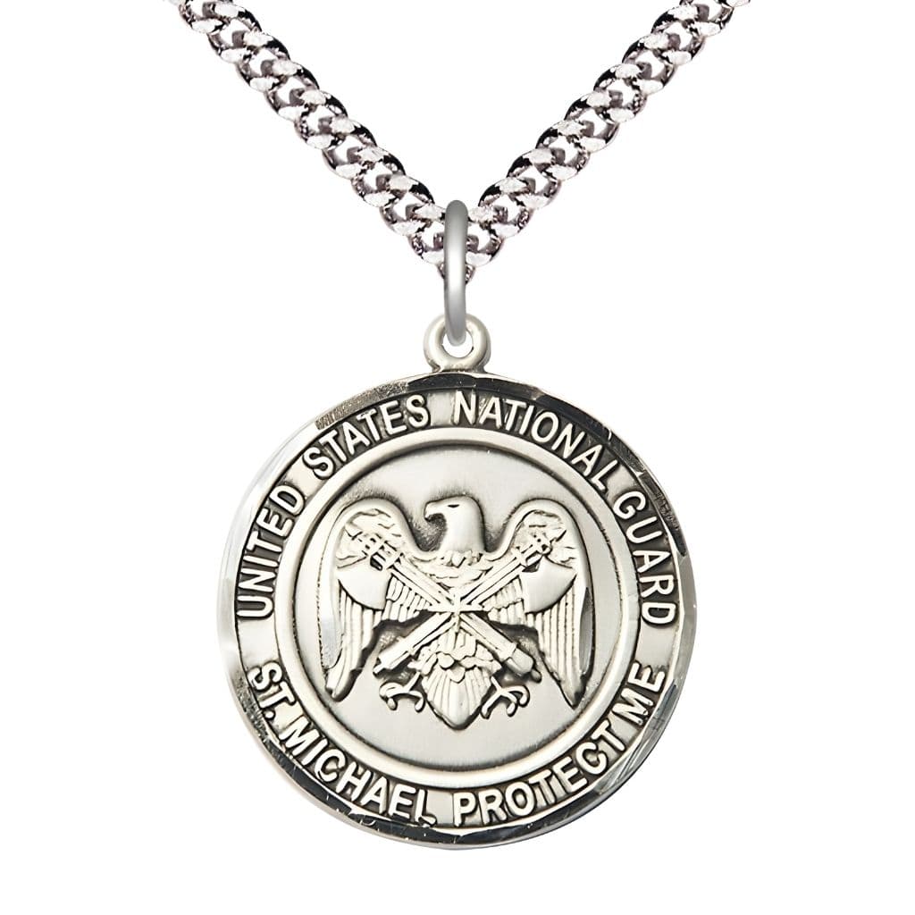 Bliss National Guard St. Michael the Archangel Pewter Round Medal with Plated Chain, Measures 1-inch tall by 7/8-inch wide