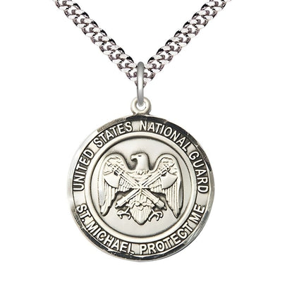 National Guard St. Michael the Archangel Pewter Round Medal with Plated Chain, Measures 1-inch tall by 7/8-inch wide, Bliss Manufacturing