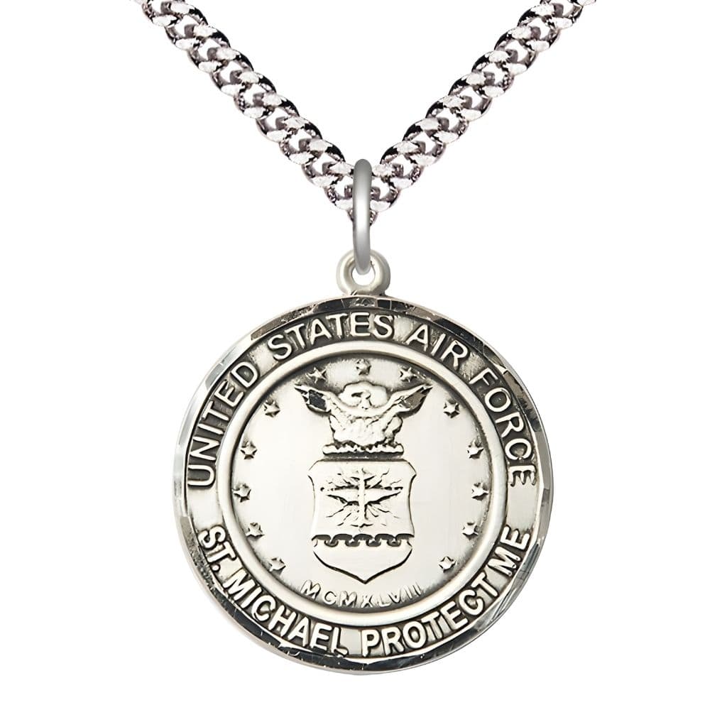 Air Force Military St. Michael the Archangel Sterling Silver Round Medal with Plated Chain, Bliss USA, Measures 1-inch tall by 7/8-inch wide