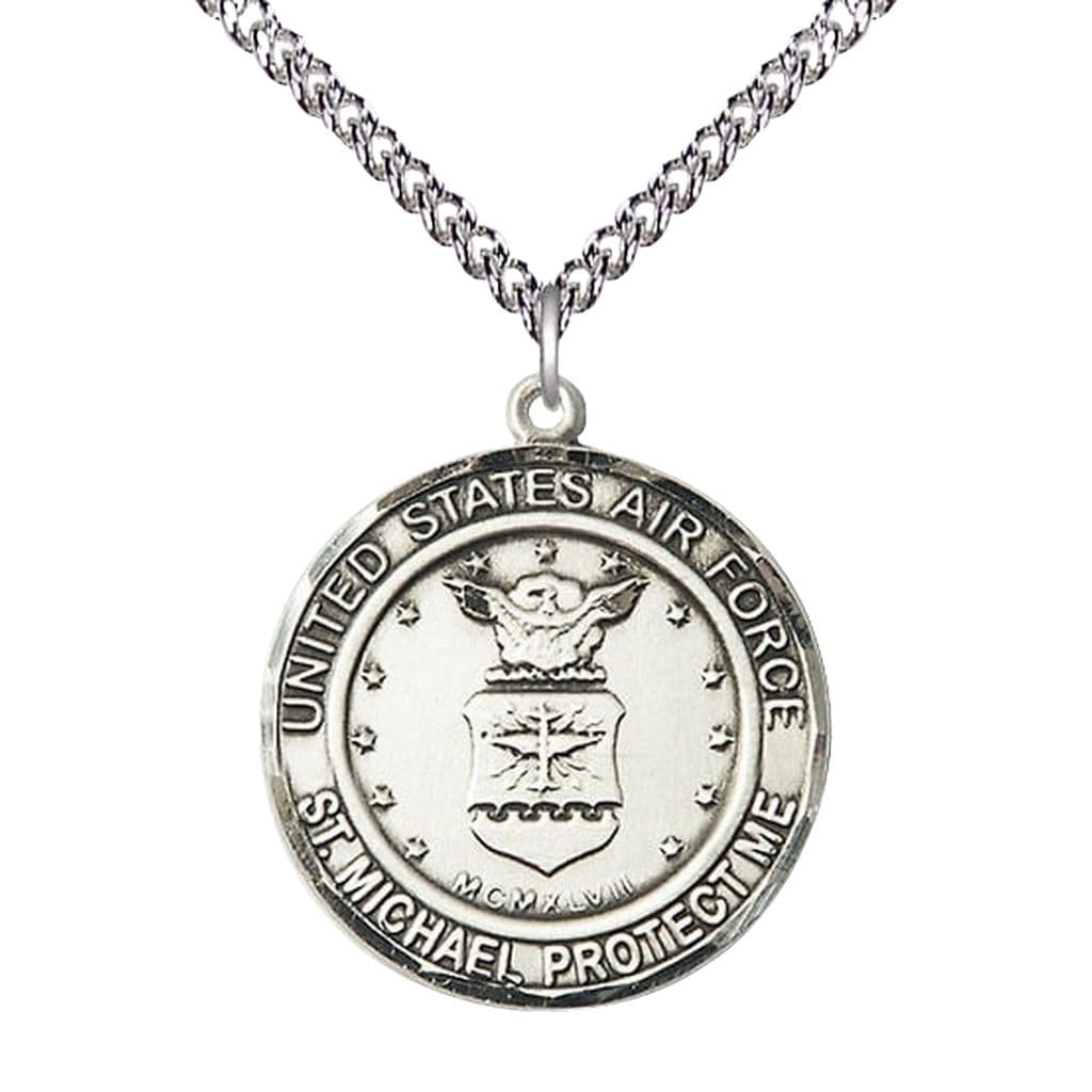 Air Force Military St. Michael the Archangel Sterling Silver Round Medal with Sterling Silver Chain, Bliss USA, Measures 1-inch tall by 7/8-inch wide