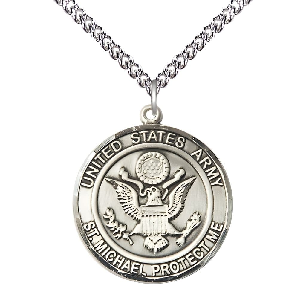 Army Military St. Michael the Archangel Sterling Silver Round Medal with Sterling Silver Chain, Bliss USA, Measures 1-inch tall by 7/8-inch wide