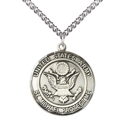 Army Military St. Michael the Archangel Sterling Silver Round Medal with Sterling Silver Chain, Measures 1-inch tall by 7/8-inch wide, Bliss Manufacturing