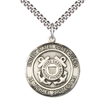 Coast Guard Military St. Michael the Archangel Sterling Silver Round Medal with Plated Chain, Measures 1-inch tall by 7/8-inch wide, Bliss Manufacturing
