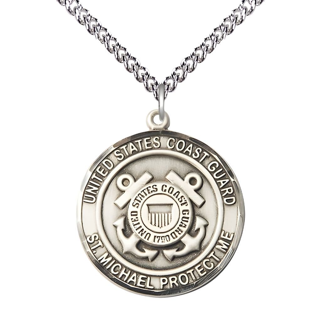 Coast Guard Military St. Michael the Archangel Sterling Silver Round Medal with Sterling Silver Chain, Bliss USA, Measures 1-inch tall by 7/8-inch wide
