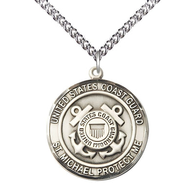Coast Guard Military St. Michael the Archangel Sterling Silver Round Medal with Sterling Silver Chain, Measures 1-inch tall by 7/8-inch wide, Bliss Manufacturing
