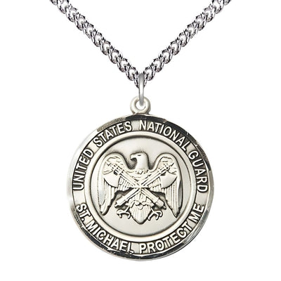 National Guard St. Michael the Archangel Sterling Silver Round Medal with Sterling Silver Chain, Measures 1-inch tall by 7/8-inch wide, Bliss Manufacturing