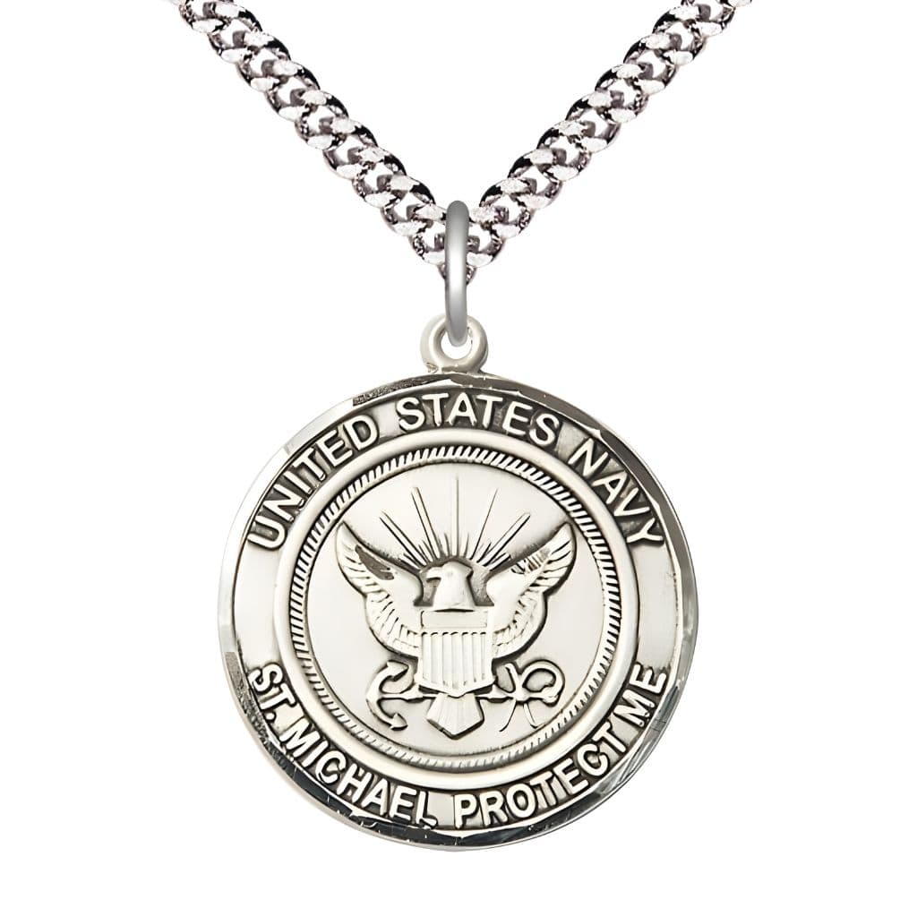 Navy Military St. Michael the Archangel Sterling Silver Round Medal with Plated Chain, Bliss USA, Measures 1-inch tall by 7/8-inch wide