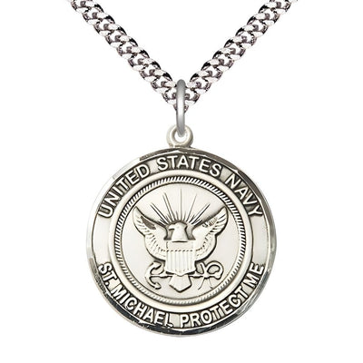 Navy Military St. Michael the Archangel Sterling Silver Round Medal with Plated Chain, Measures 1-inch tall by 7/8-inch wide, Bliss Manufacturing
