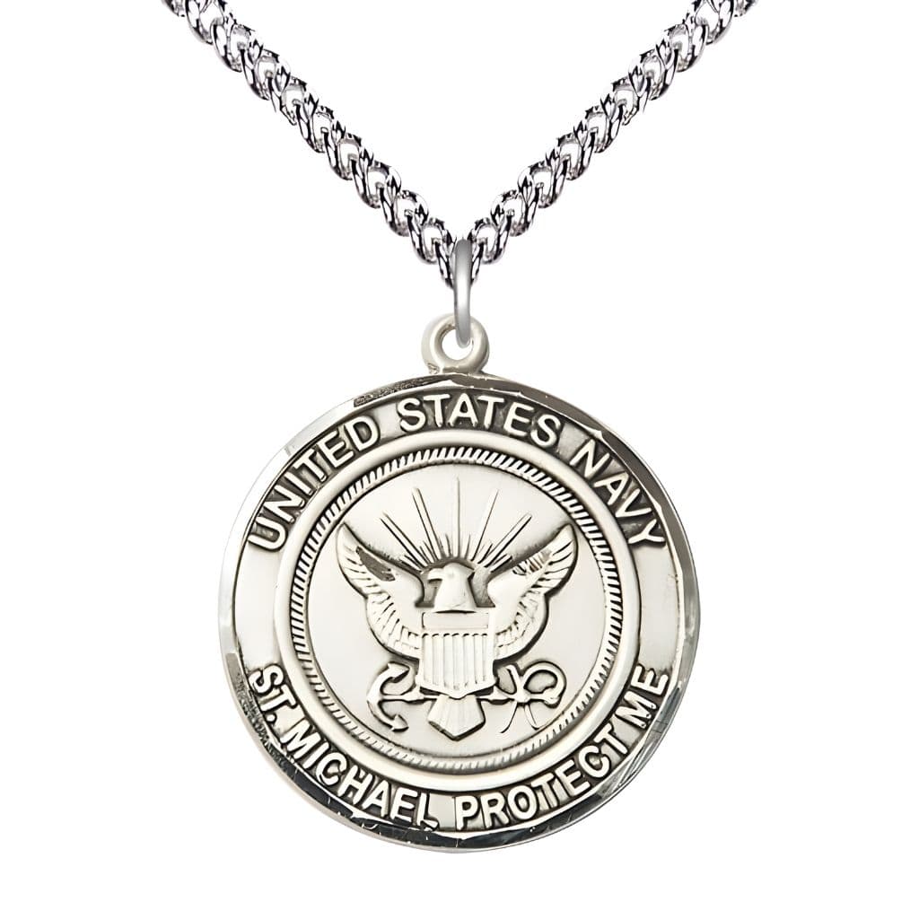 Navy Military St. Michael the Archangel Sterling Silver Round Medal with Sterling Silver Chain, Bliss USA, Measures 1-inch tall by 7/8-inch wide