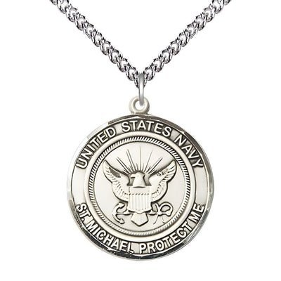 Navy Military St. Michael the Archangel Sterling Silver Round Medal with Sterling Silver Chain, Measures 1-inch tall by 7/8-inch wide, Bliss Manufacturing