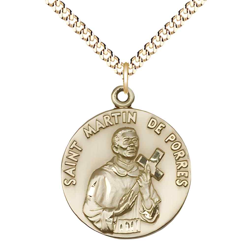 Saint Martin de Porres 14kt Gold-filled Round Medal Pendant with Gold-plated Curb Chain Measures 1-inch tall by 7/8-inch wide. in Deluxe Gift Box | Bliss Manufacturing