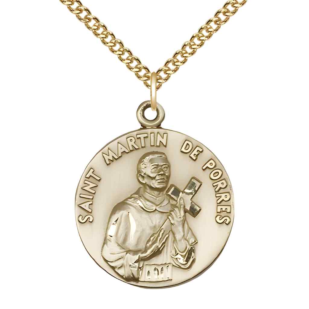 Saint Martin de Porres 14kt Gold-filled Round Medal Pendant with Gold-filled Curb Chain Measures 1-inch tall by 7/8-inch wide. in Deluxe Gift Box | Bliss Manufacturing