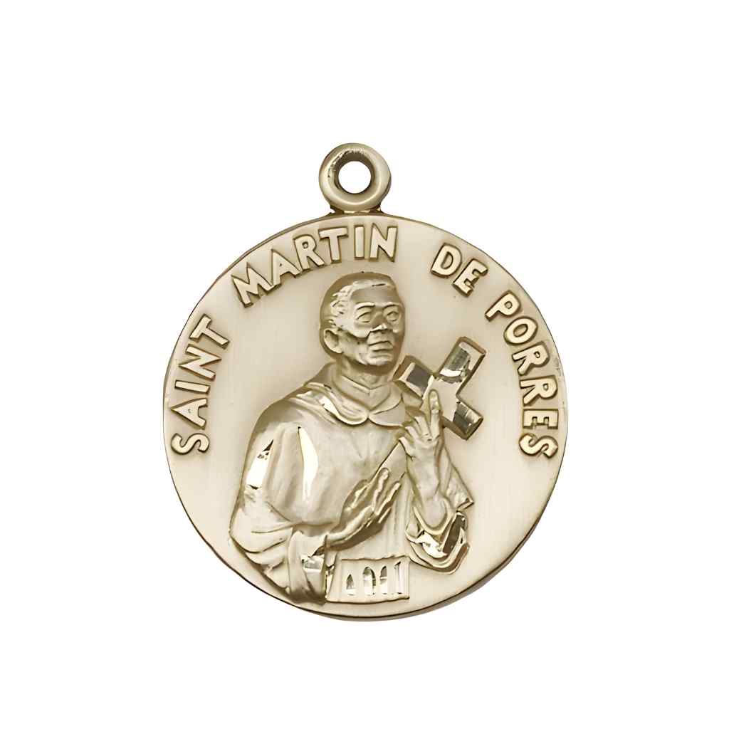 Saint Martin de Porres 14kt Gold Round Medal Pendant and Measures 1-inch tall by 7/8-inch wide. in Deluxe Gift Box | Bliss Manufacturing