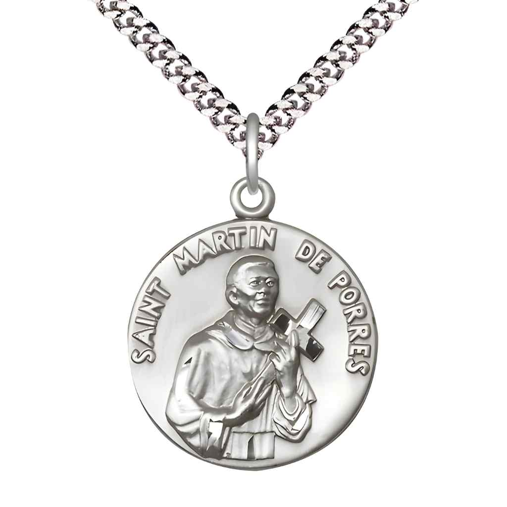 Saint Martin de Porres Sterling Silver Round Medal Pendant with Rhodium-plated Curb Chain Measures 1-inch tall by 7/8-inch wide. in Deluxe Gift Box | Bliss Manufacturing