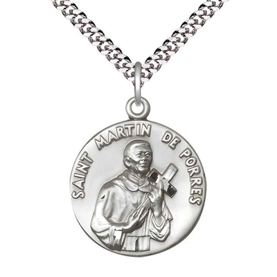 Saint Martin de Porres Sterling Silver Round Medal Pendant with Rhodium-plated Curb Chain Measures 1-inch tall by 7/8-inch wide. in Deluxe Gift Box | Bliss Manufacturing