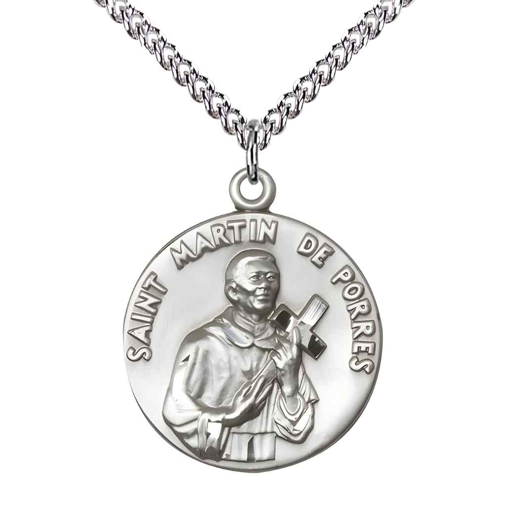 Saint Martin de Porres Sterling Silver Round Medal Pendant with Sterling Silver Curb Chain Measures 1-inch tall by 7/8-inch wide. in Deluxe Gift Box | Bliss Manufacturing