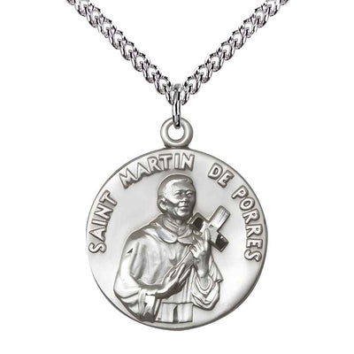 Saint Martin de Porres Sterling Silver Round Medal Pendant with Sterling Silver Curb Chain Measures 1-inch tall by 7/8-inch wide. in Deluxe Gift Box | Bliss Manufacturing
