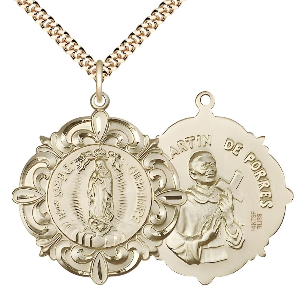 Bliss Our Lady of Guadalupe | St. Martin De Porres Elegant 14kt Gold-filled Medal with Gold-plated Curb Chain, Measures 1 1/4-inch tall by 1 1/8-inch wide