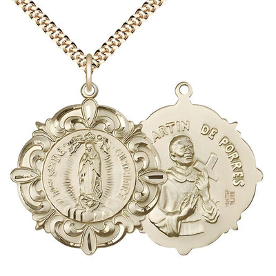 Our Lady of Guadalupe, St. Martin De Porres Elegant 14kt Gold-filled Medal with Gold-plated Curb Chain, Measures 1 1/4-inch tall by 1 1/8-inch wide, Bliss Manufacturing