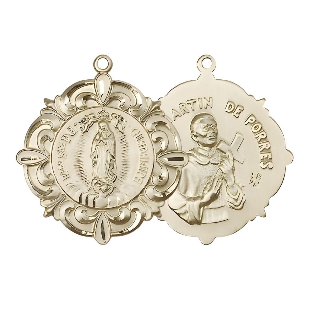Bliss Our Lady of Guadalupe | St. Martin De Porres Elegant 14kt Gold Oval Medal, Measures 1 1/4-inch tall by 1 1/8-inch wide