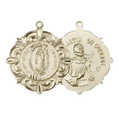 Our Lady of Guadalupe, St. Martin De Porres Elegant 14kt Gold Oval Medal, Measures 1 1/4-inch tall by 1 1/8-inch wide, Bliss Manufacturing