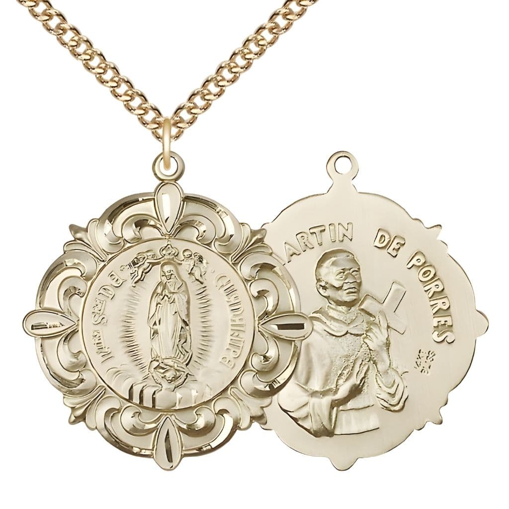 Bliss Our Lady of Guadalupe | St. Martin De Porres Elegant 14kt Gold Oval Medal with 14kt Gold Curb Chain, Measures 1 1/4-inch tall by 1 1/8-inch wide