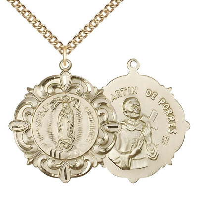 Our Lady of Guadalupe, St. Martin De Porres Elegant 14kt Gold Oval Medal with 14kt Gold Curb Chain, Measures 1 1/4-inch tall by 1 1/8-inch wide, Bliss Manufacturing