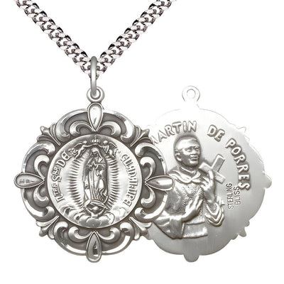 Our Lady of Guadalupe, St. Martin De Porres Elegant Sterling Silver Medal with Rhodium-plated Heavy Curb Chain, Measures 1 1/4-inch tall by 1 1/8-inch wide, Bliss Manufacturing