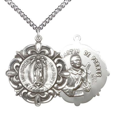 Our Lady of Guadalupe, St. Martin De Porres Elegant Sterling Silver Medal with sterling Silver Heavy Curb Chain, Measures 1 1/4-inch tall by 1 1/8-inch wide, Bliss Manufacturing