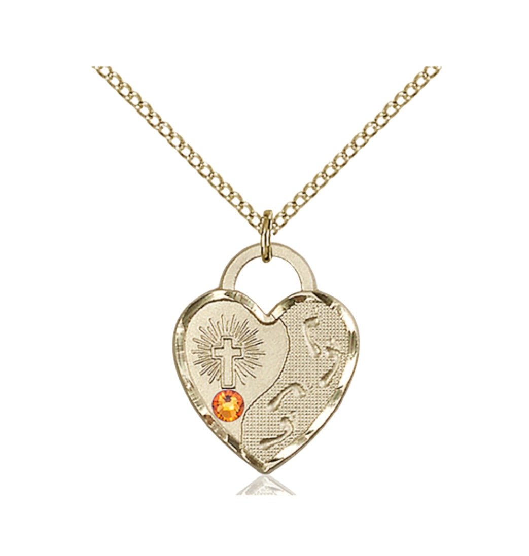 Topaz Birthstone Gold-filled Footprints Heart Pendant w/Austrian Crystal