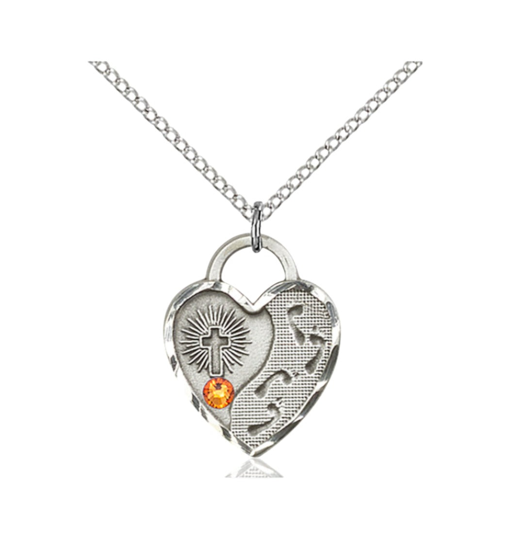 Nov Topaz  Birthstone Sterling Silver Footprints Heart Pendant w/Austrian Crystal