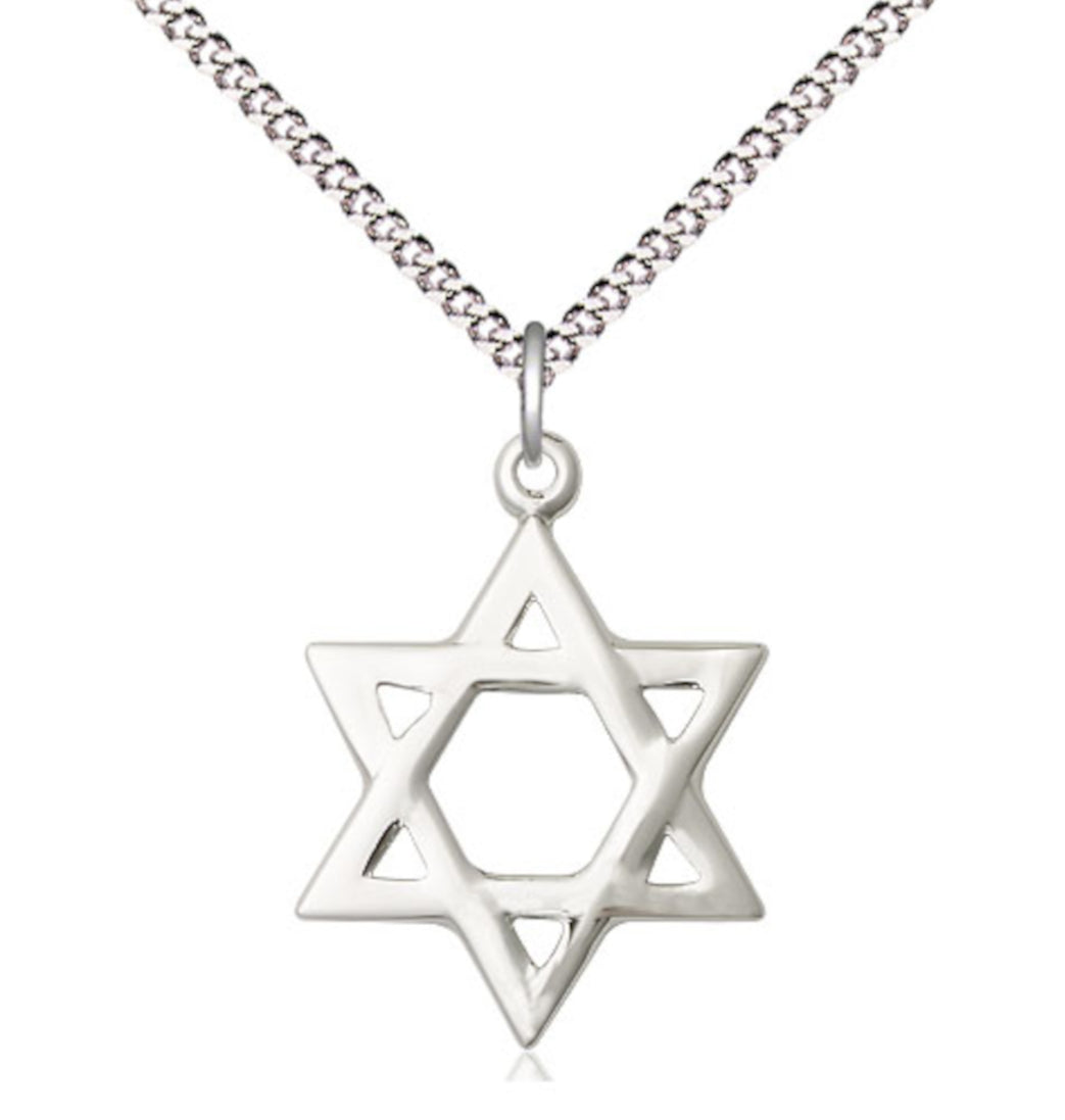 Bliss Sterling Silver Star of David Pendant on a 18 inch Light Rhodium Light Curb Chain,