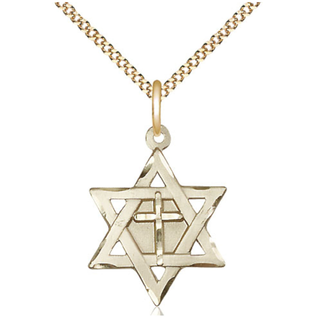 Bliss Gold Filled Star of David w/ Cross Pendant on a 18 inch Gold Plate Light Curb Chain,