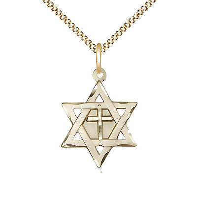 Gold Filled Star of David w/ Cross Pendant on a 18 inch Gold Plate Light Curb Chain, 7/8-inch tall by 5/8-inch wide, Bliss Manufacturing