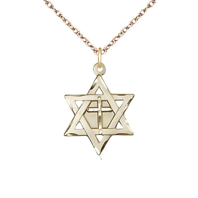 Gold Filled Star of David w/ Cross Pendant on a 18 inch Gold Filled Light Rope Chain, 7/8-inch tall by 5/8-inch wide, Bliss Manufacturing