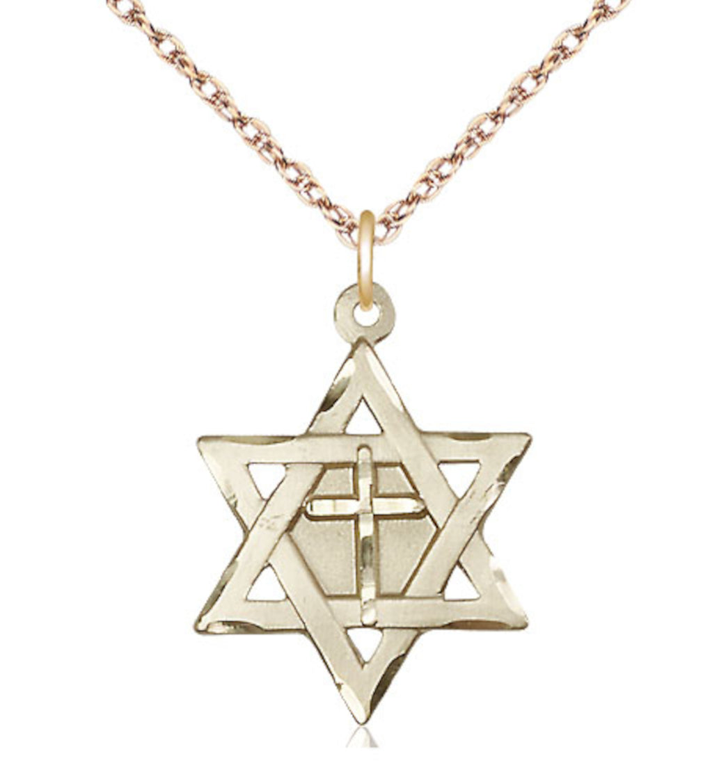 Bliss 14kt Gold Star of David w/ Cross Pendant on a 18 inch 14kt Gold Light Rope Chain,