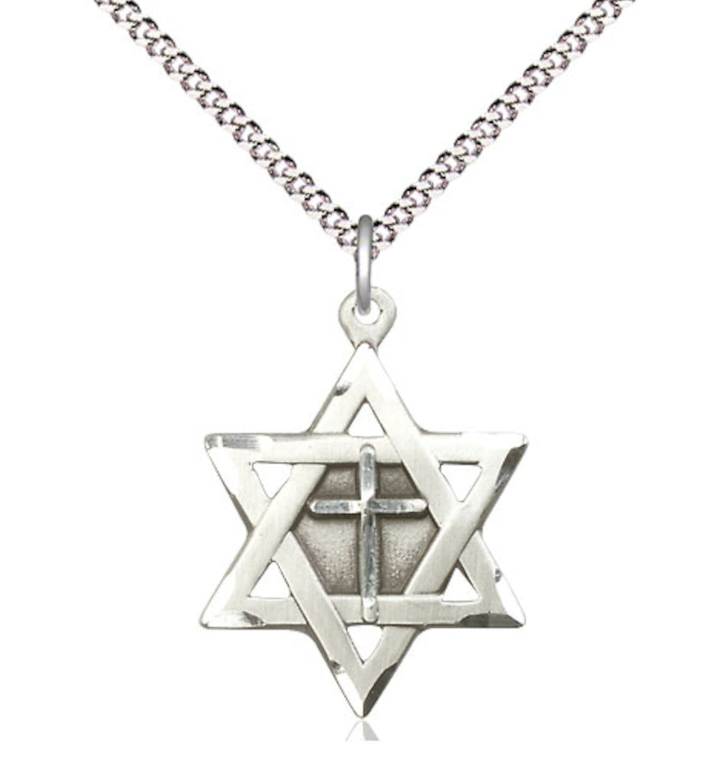 Bliss Pewter Star of David w/ Cross Pendant on a 18 inch Light Rhodium Light Curb Chain,